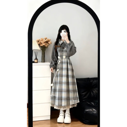 森系ins温柔穿搭POLO领毛呢格纹背心连衣裙+搭配灰色短款外套套装