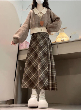 秋冬季学院风减龄Polo领假两件毛衣针织衫+高腰格纹半身裙两件套