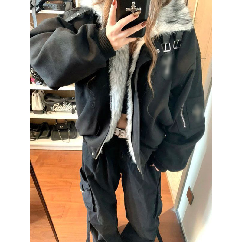 冬季新款加厚保暖夹克外套潮时尚座山雕十字架毛领抗寒棉服女学生