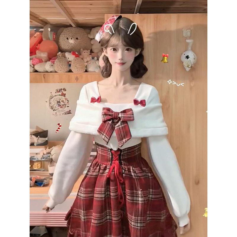 巨好看日系小个子圣诞红格纹方口领蝴蝶结连衣裙收腰显瘦超仙短裙,女装/女士精品,连衣裙,淘宝优惠券,粉丝福利购,淘宝优惠卷