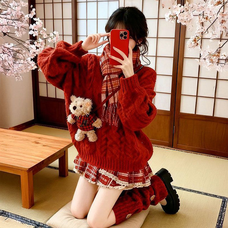 巨好看冬日氛围感穿搭红色麻花针织毛衣女学生+高腰红色短裙套装