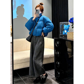 法式 搭配克莱因蓝棉服宽松保暖高级感 纹百搭阔腿长裤 时尚 学院风格