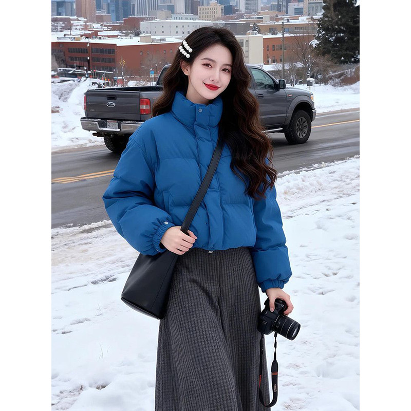 温柔气质风克莱因蓝宽松保暖棉服外套+格子百搭阔腿长裤套装_两件