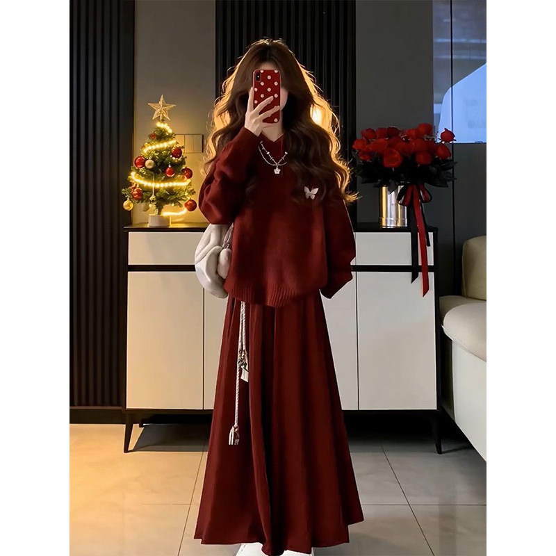 韩版复古简约风穿搭一整套新年红色半身裙+连帽针织衫毛衣女+腰带,女装/女士精品,时尚套装,淘宝优惠券,粉丝福利购,淘宝优惠卷