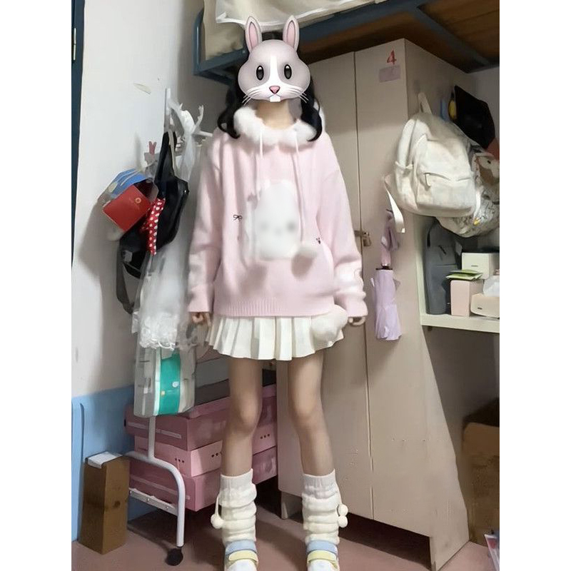 可爱少女风卡通兔子提花连帽毛衣女冬季款软糯甜酷粉色针织衫上衣