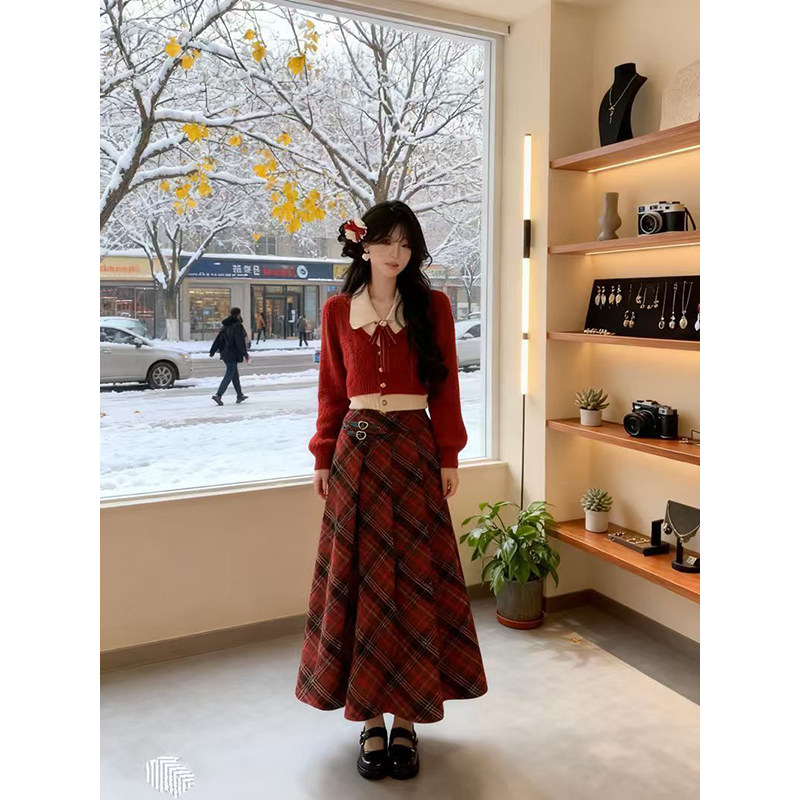 甜美风穿搭一整套复古小个子假两件毛衣开衫女秋冬搭配格纹半身裙,女装/女士精品,时尚套装,淘宝优惠券,粉丝福利购,淘宝优惠卷