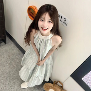 韩系海边度假风气质时尚沙滩长裙子女夏日绝美超仙无袖挂脖连衣裙