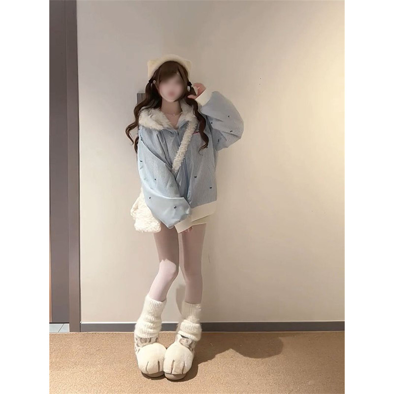 法式温柔软妹可爱蝴蝶结条纹耳朵连帽棉衣女百搭减龄毛毛棉服外套,女装/女士精品,棉衣/棉服,淘宝优惠券,粉丝福利购,淘宝优惠卷