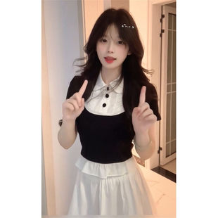 搭配高腰白色半身裙女学生两件套装 清纯学院风假两件花边拼接衬衫