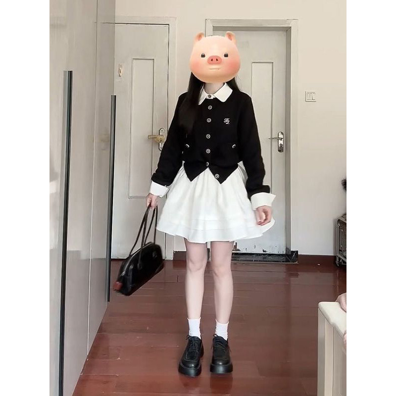 学院风假两件黑色针织开衫外套女小个子搭配百搭白色半身短裙套装,女装/女士精品,时尚套装,淘宝优惠券,粉丝福利购,淘宝优惠卷