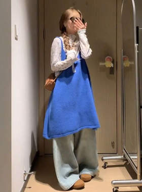 韩系小个子叠穿风蓝色吊带连衣裙女秋季氛围感显瘦针织两件套装