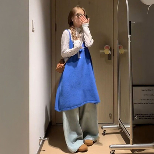 韩系小个子叠穿风蓝色吊带连衣裙女秋季 氛围感显瘦针织两件套装