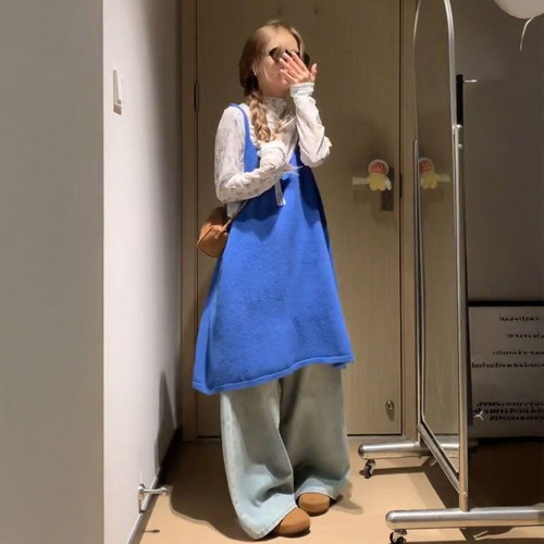 蓝色吊带连衣裙女氛围感显瘦针织