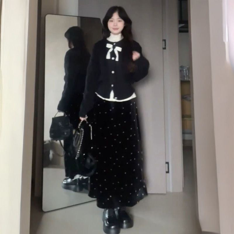 时尚复古学院风针织衫长袖毛衣+中长款波点半身裙+百搭打底上衣女