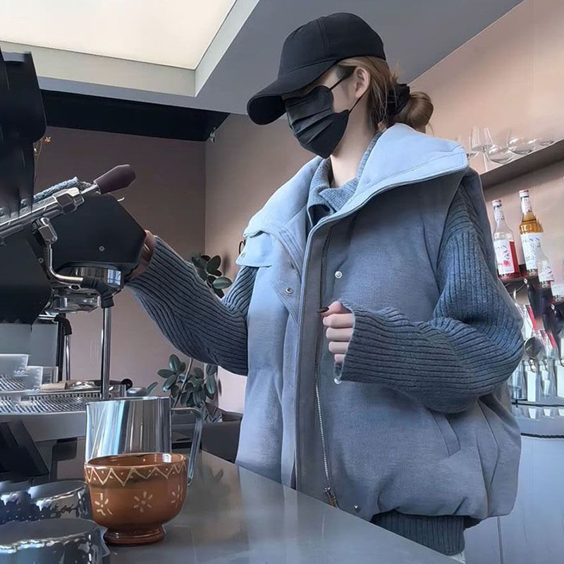 美式复古风复古宽松保暖马甲棉服外套女灰色高领针织毛衣两件套装