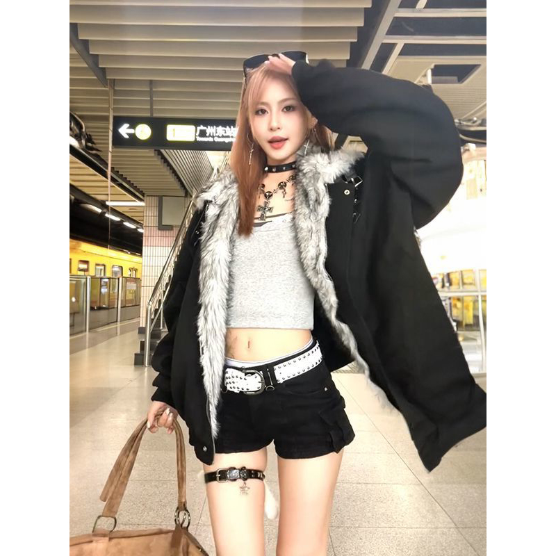 韩系新款座山雕外套美式复古十字架连帽毛领棉服女冬季加厚夹棉衣