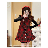 学院风新年红色格纹小飞袖 背心裙女春季 穿搭长袖 法式 打底衫 两件套