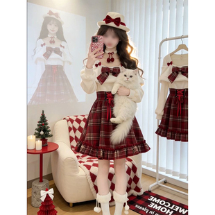2026学院风新年红格纹蝴蝶结高腰连衣裙女学生修身显瘦红色仙女裙