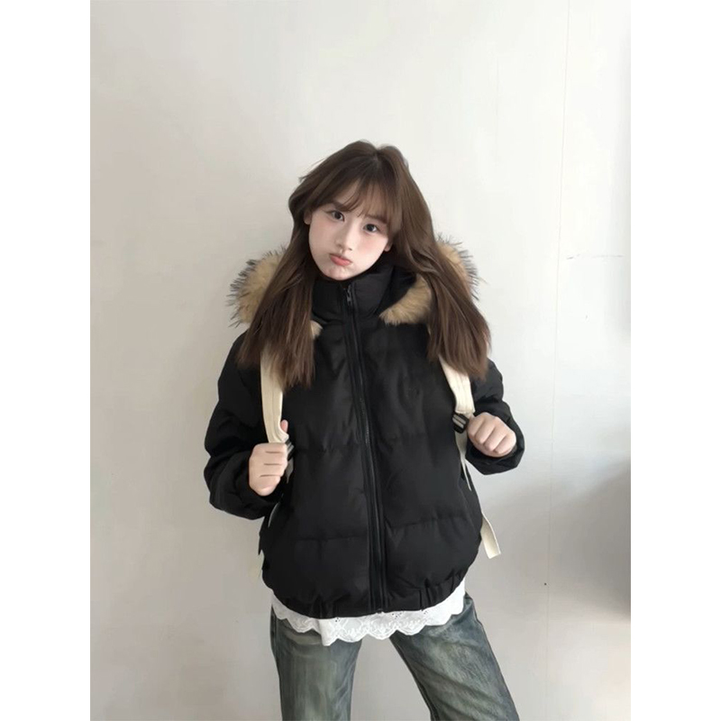 法式复古百搭风气质黑色连帽毛领棉服女保暖休闲慵懒潮流时尚棉衣