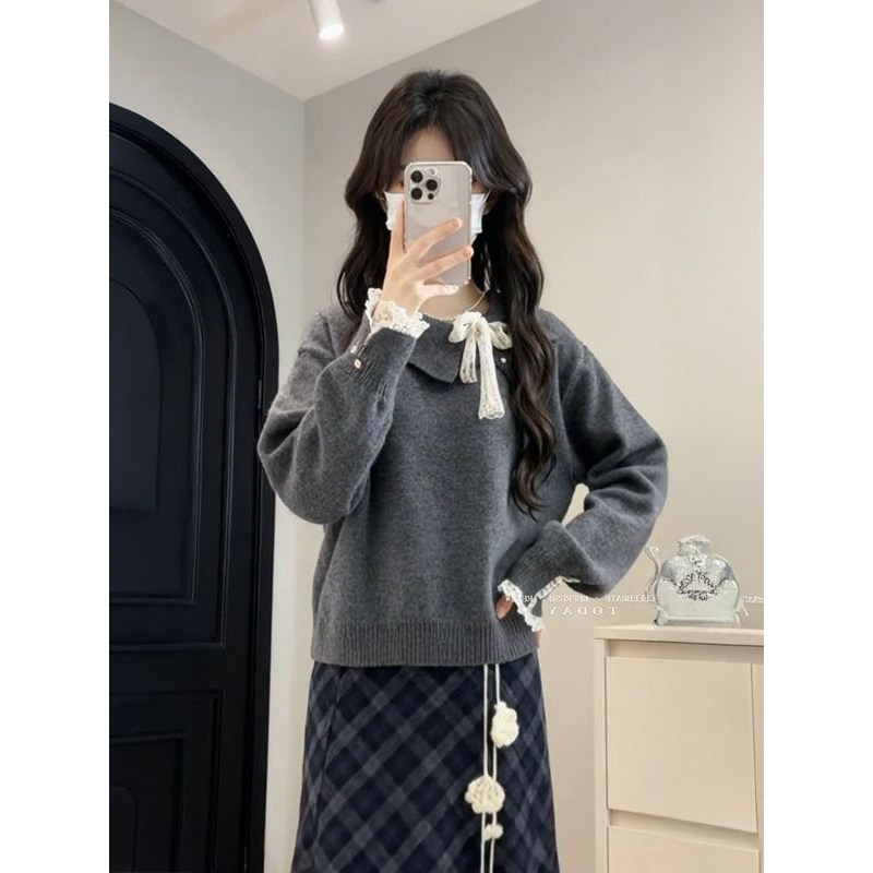 秋冬季设计感蕾丝绑带灰色针织毛衣女搭配松紧腰格纹半身裙两件套