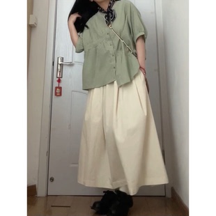 日系清新薄荷绿格子短袖 两件套 衬衫 女搭配杏色百搭高腰半身裙夏季