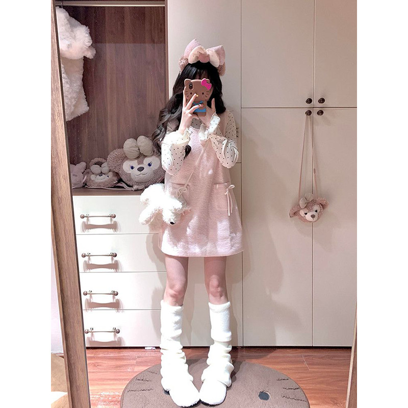 多巴胺小个子可爱萌妹学院风波点打底衫+粉色蝴蝶结背心裙两件套,女装/女士精品,时尚套装,淘宝优惠券,粉丝福利购,淘宝优惠卷