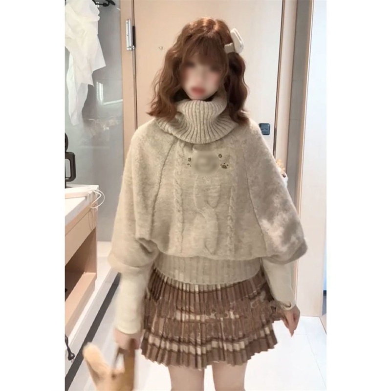 卡其高领针织斗篷毛衣米色打底衫