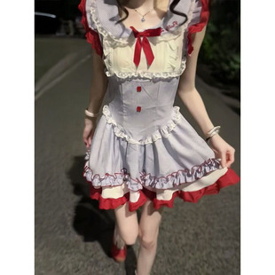 红色花边拼接小飞袖 日系甜美少女蓝色格纹连衣裙女夏季 蝴蝶结短裙