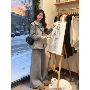 女 两件套装 温柔风秋冬穿搭灰色夹棉马甲棉服内搭软糯针织长袖 开衫