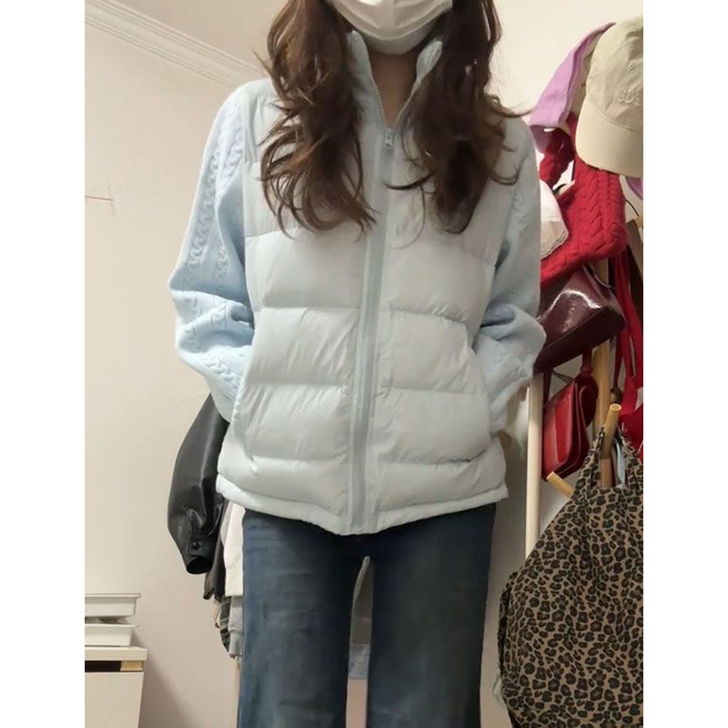 甜美风针织袖拼接立领棉服外套女简约通勤风小个子修身百搭面包服