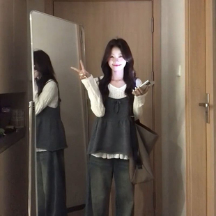 减龄小个子针织软糯背心吊带叠穿设计感2025新款镂空长袖上衣套装