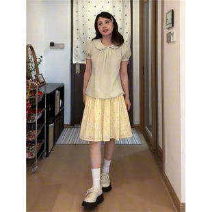 清纯少女风薄荷绿娃娃领衬衫 法式 女学生搭配黄色碎花半身裙两件套