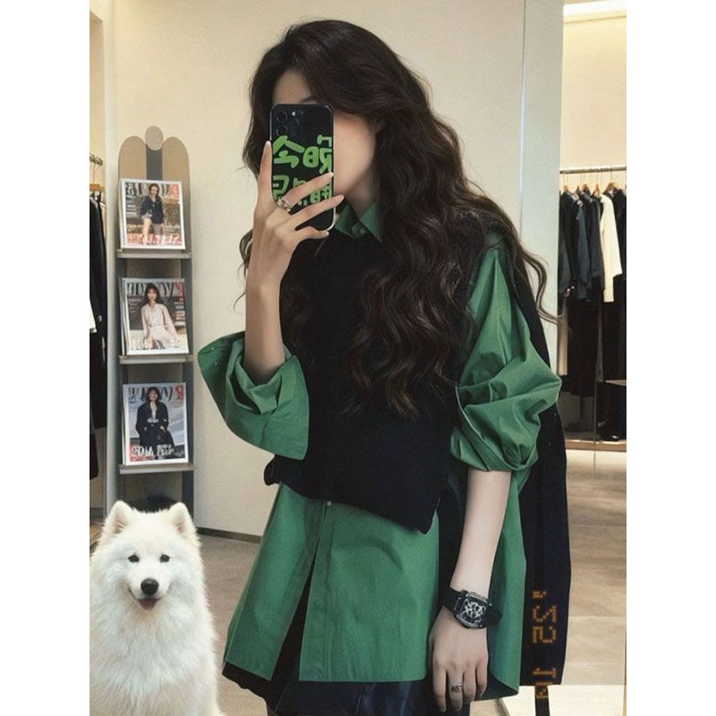 韩系一整套装时尚学院风黑色针织毛衣马甲背心绿色polo领长袖衬衫,女装/女士精品,时尚套装,淘宝优惠券,粉丝福利购,淘宝优惠卷