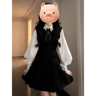 法式学院风减龄少女黑色背心连衣裙子女内搭长袖衬衫上衣两件套装