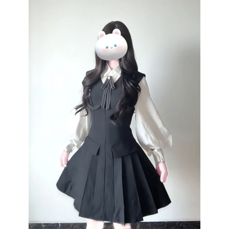 甜美淑女风穿搭一整套黑色背心连衣裙+百搭长袖Polo衬衫上衣套装,女装/女士精品,时尚套装,淘宝优惠券,粉丝福利购,淘宝优惠卷