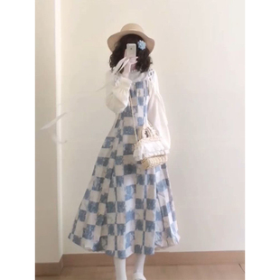 2025冬日新款法式学院风小个子百搭中长裙假两件格纹高腰连衣裙女