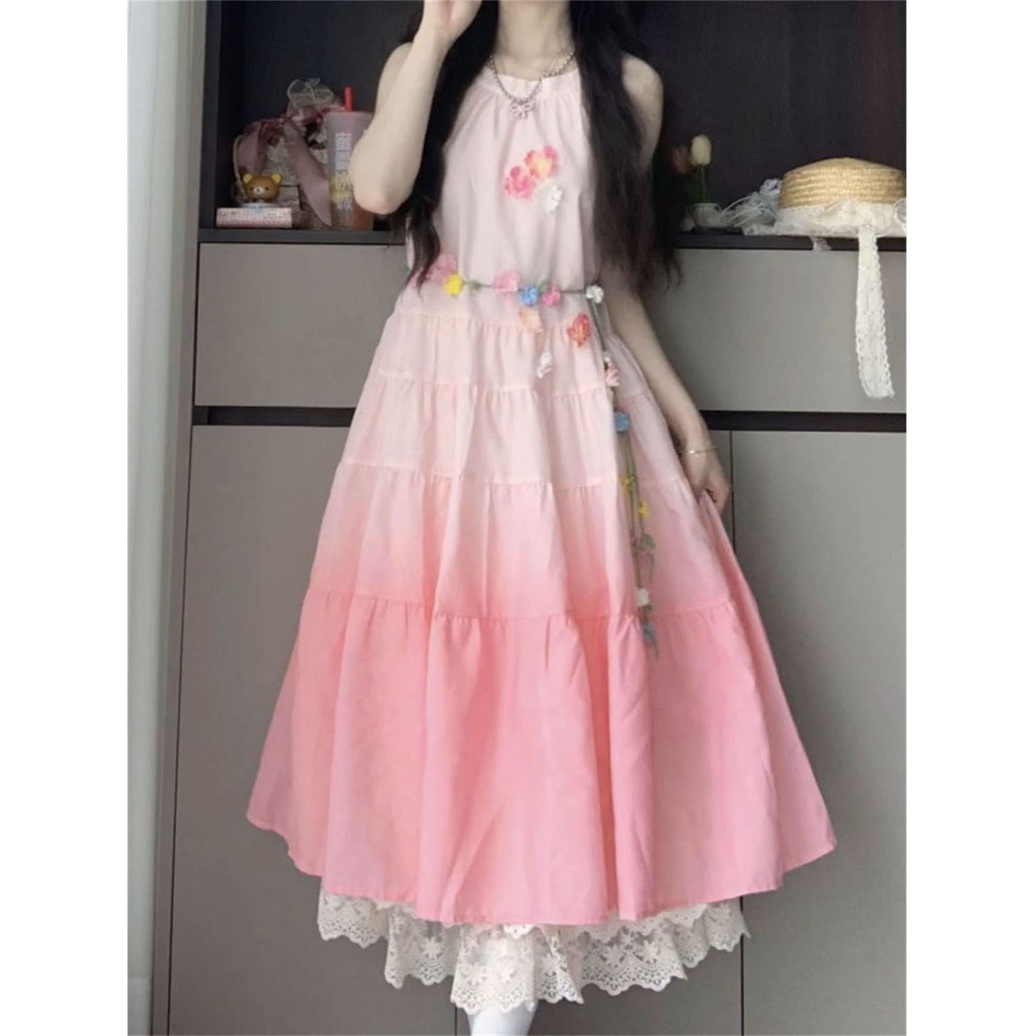 粉色渐变无袖挂脖绑带连衣裙