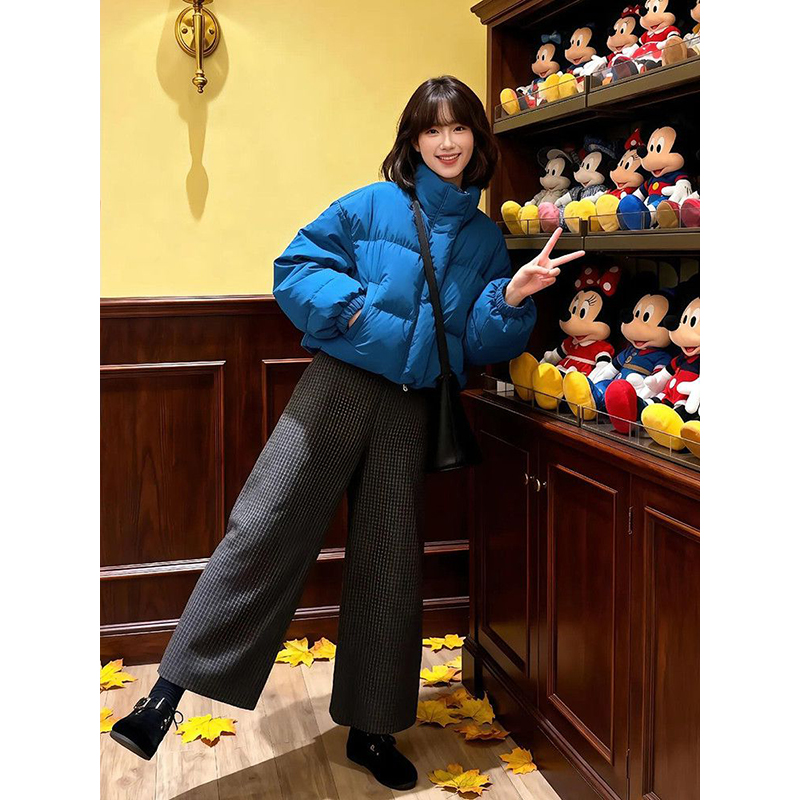 多巴胺可爱学院ins风穿搭一整套格子百搭阔腿长裤克莱因蓝棉服潮