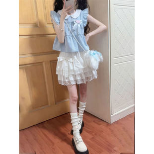 蓝色上衣女搭配白色高腰半身裙两件套 夏日甜美少女风娃娃领飞飞袖