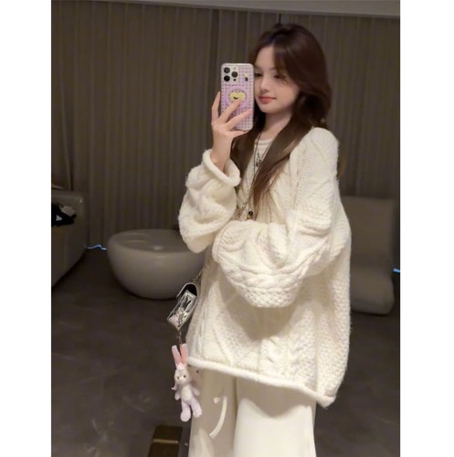 针织上衣慵懒风软糯麻花圆领套头