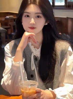 入秋穿搭一套装韩版气质简约灰色开衫马甲背心女长袖白色花边衬衫