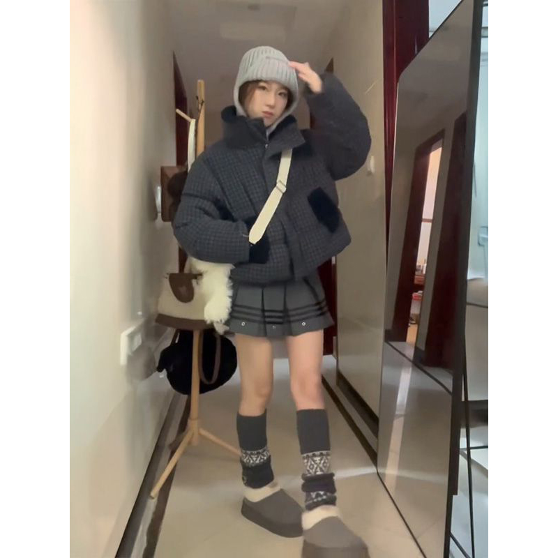 潮流格纹短款立领棉服外套女冬季复古风设计感百搭时尚达人面包服