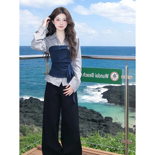 2026春季新款韩系复古格子衬衫上衣女学生搭配高腰阔腿裤两件套装