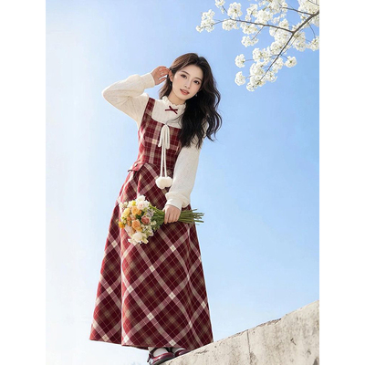 甜美小个子温柔2025冬季新款圣诞红假两件修身显瘦收腰格纹连衣裙