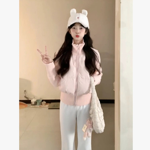 学院风粉色针织拼接立领短款棉服女2025冬季新款加厚夹棉抗冻外套