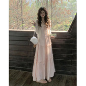 浪漫蕾丝拼接粉色吊带连衣裙女2025夏季 新款 防晒开衫 法式 两件套装