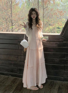 法式浪漫蕾丝拼接粉色吊带连衣裙女2025夏季新款防晒开衫两件套装