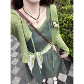 2025夏季 绿色防晒衫 新款 森系温柔风穿搭水洗牛仔背带连衣长裙女