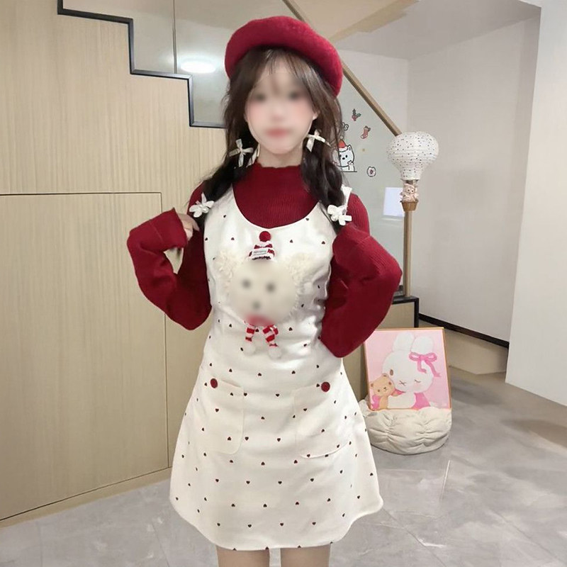 文艺复古可爱学院风新年红色内搭针织衫叠穿小熊背心连衣裙两件套,女装/女士精品,时尚套装,淘宝优惠券,粉丝福利购,淘宝优惠卷