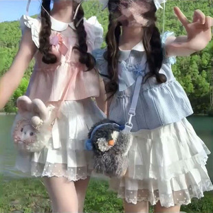 夏日可爱度假风娃娃领小飞袖 条纹衬衫 女搭配高腰蛋糕短裙两件套装